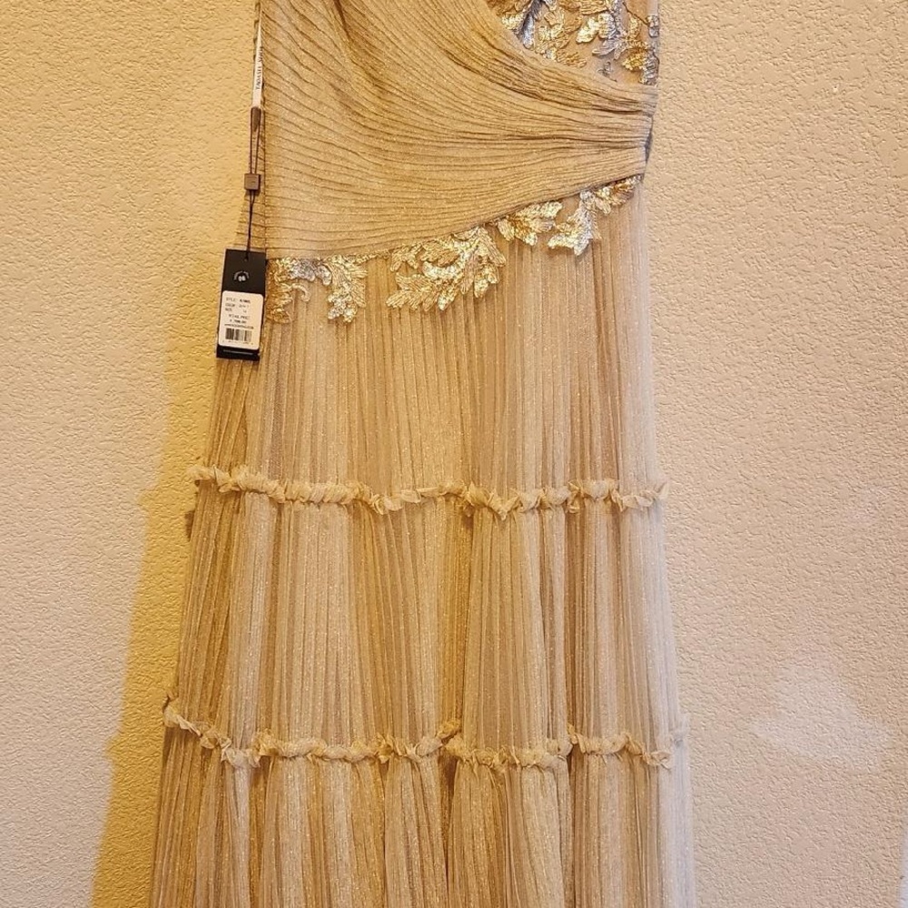 Tadashi Shoji Gold One Shoulder Pleated Gown - Picture 6 of 8